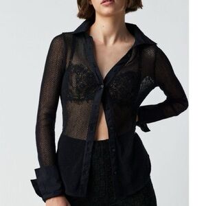 free people siggi sheer black fishnet button down shirt / blouse